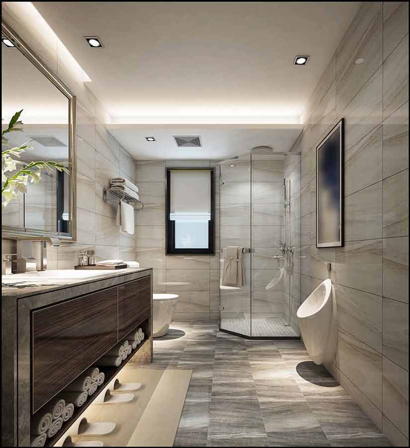 Granite walls in home improvement bathroom remodel