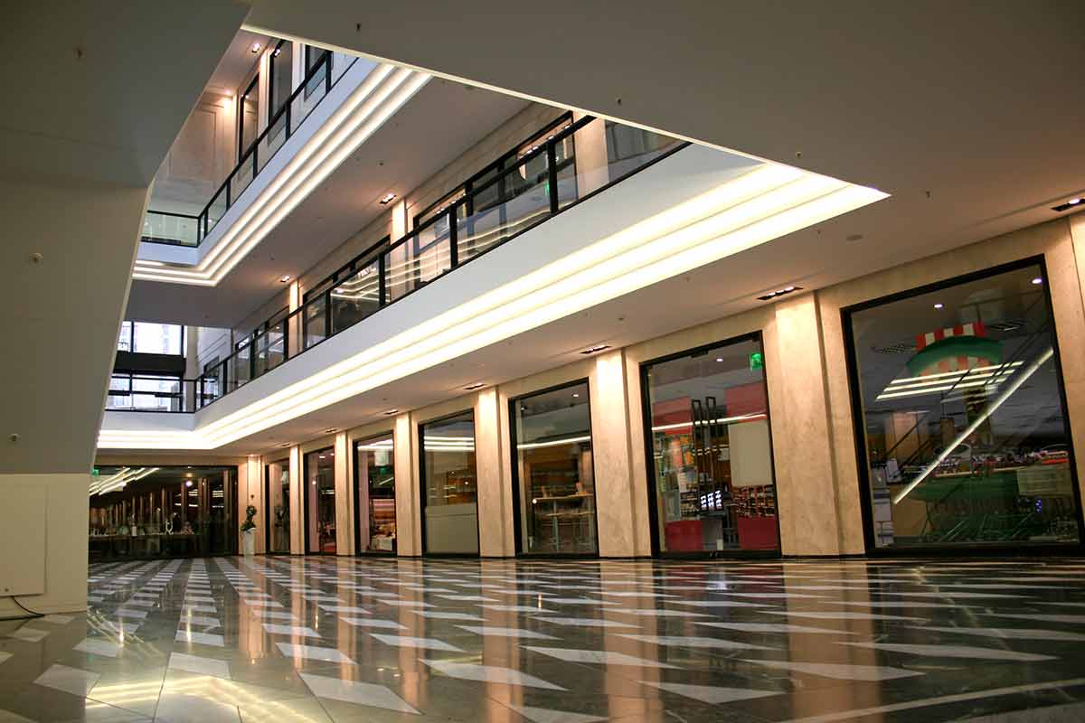 Shopping mall with granite walls and floors