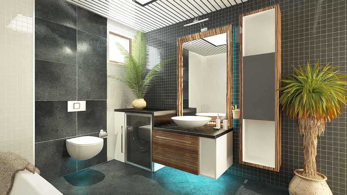 Bathroom with granite walls, floor, and countertops