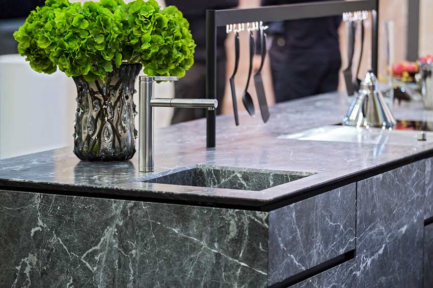 Beautiful modern kitchen design, kitchen faucet and kitchen decor, gray marble kitchen island